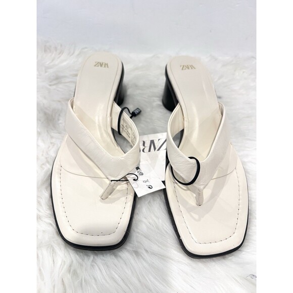 Zara Strappy Toe Block Heeled Leather Sandals Off White Thong Women US 10 EUR 41 - Picture 3 of 11